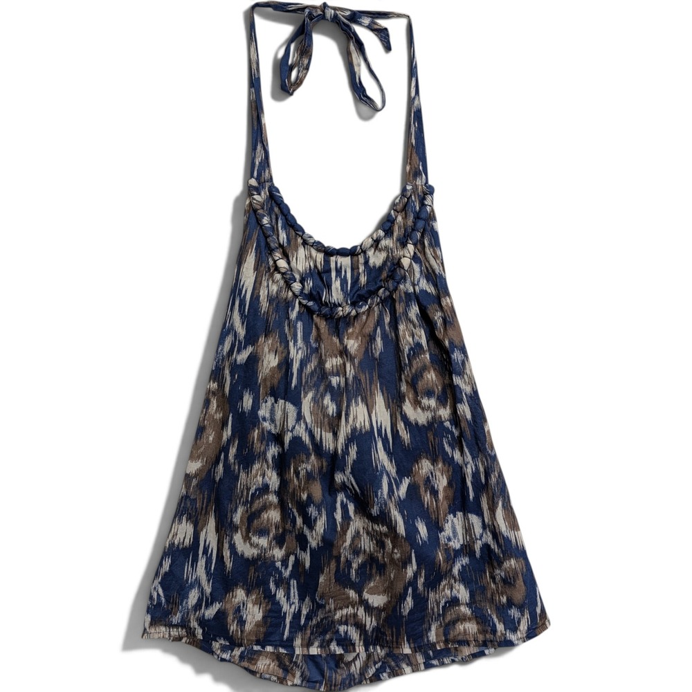 Ann Taylor LOFT Womens Halter Top Small Braided Neck Ikat Blue Brown